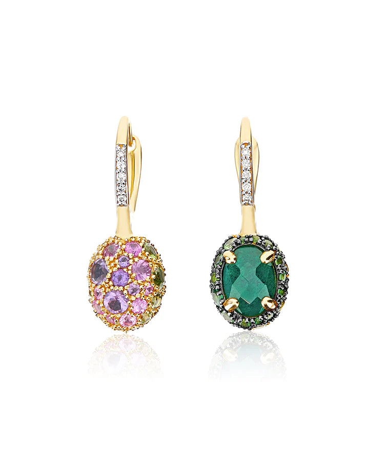 "REVERSE" CILIEGINE GOLD, SAPPHIRE, TSAVORITE, AMETHYST, GREEN LABRADORITE AND ROCK CRYSTAL DOUBLE-FACE BALL DROP EARRINGS (SMALL)
