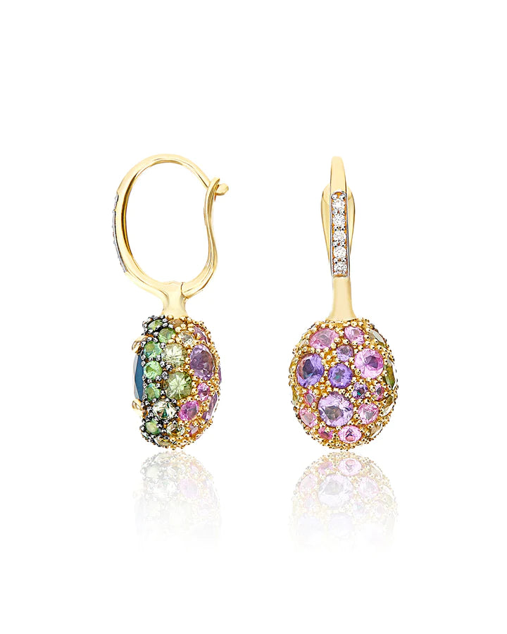 "REVERSE" CILIEGINE GOLD, SAPPHIRE, TSAVORITE, AMETHYST, GREEN LABRADORITE AND ROCK CRYSTAL DOUBLE-FACE BALL DROP EARRINGS (SMALL)