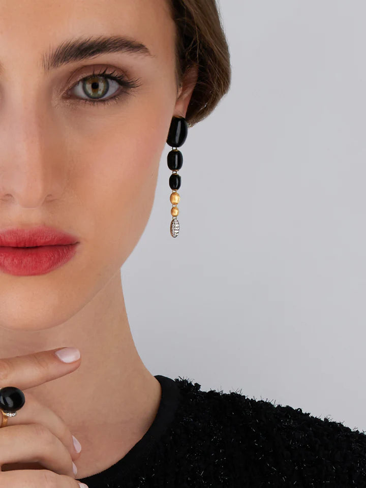 "IVY " GOLD AND BLACK ONYX CHARMING DROP EARRINGS