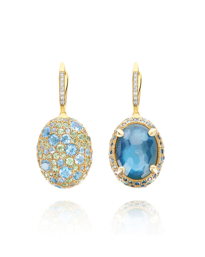 "REVERSE" CILIEGINE GOLD, BLUE DIAMONDS, SWISS BLUE TOPAZ, GREEN SAPPHIRES AND LONDON BLUE TOPAZ DOUBLE-FACE BALL DROP EARRINGS (LARGE)