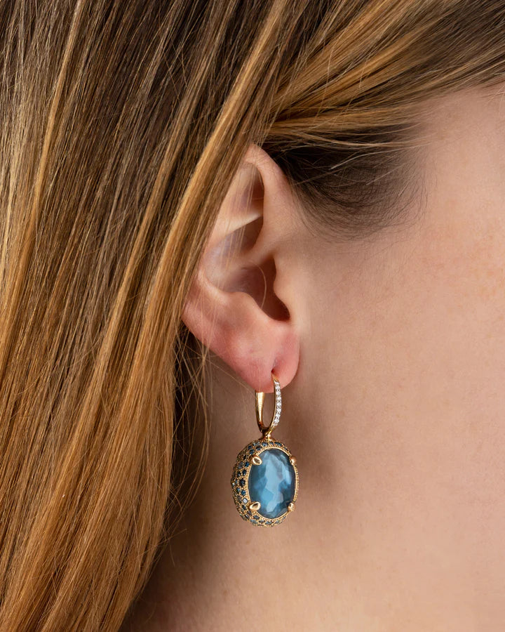 "REVERSE" CILIEGINE GOLD, BLUE DIAMONDS, SWISS BLUE TOPAZ, GREEN SAPPHIRES AND LONDON BLUE TOPAZ DOUBLE-FACE BALL DROP EARRINGS (LARGE)