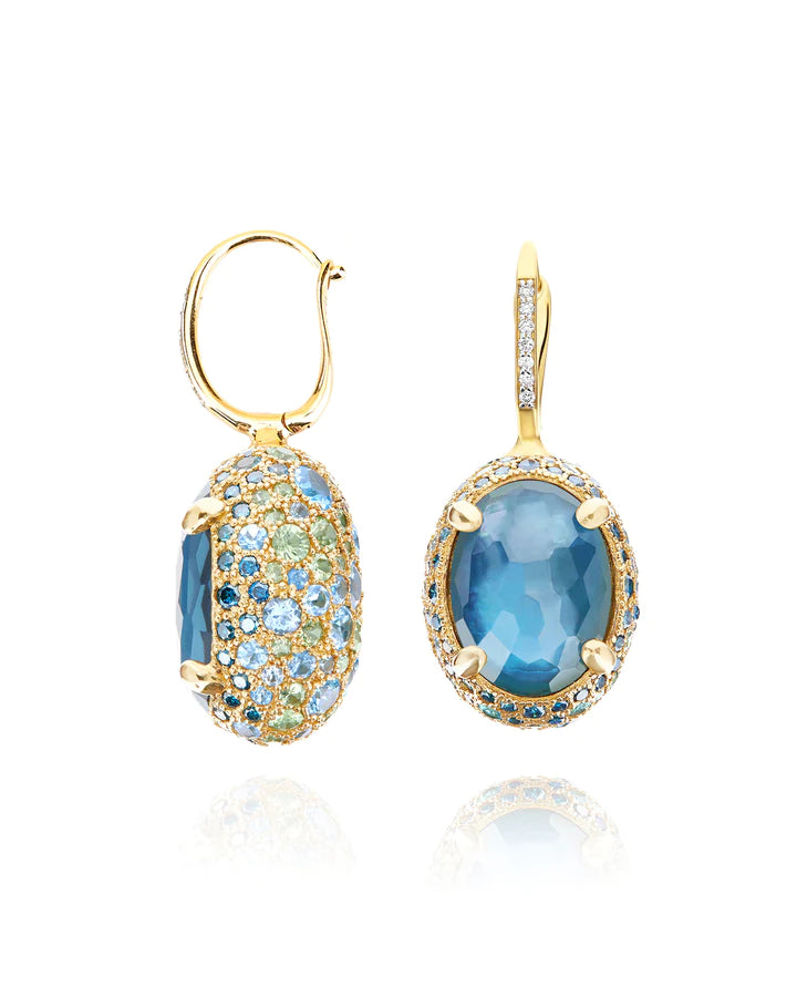 "REVERSE" CILIEGINE GOLD, BLUE DIAMONDS, SWISS BLUE TOPAZ, GREEN SAPPHIRES AND LONDON BLUE TOPAZ DOUBLE-FACE BALL DROP EARRINGS (LARGE)