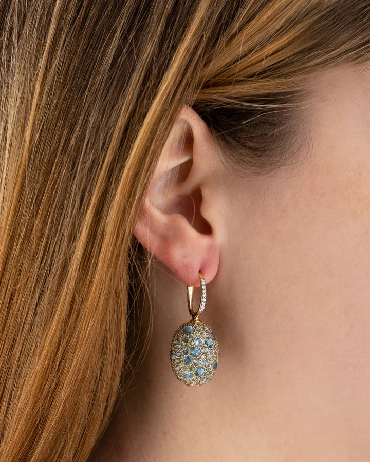 "REVERSE" CILIEGINE GOLD, BLUE DIAMONDS, SWISS BLUE TOPAZ, GREEN SAPPHIRES AND LONDON BLUE TOPAZ DOUBLE-FACE BALL DROP EARRINGS (LARGE)