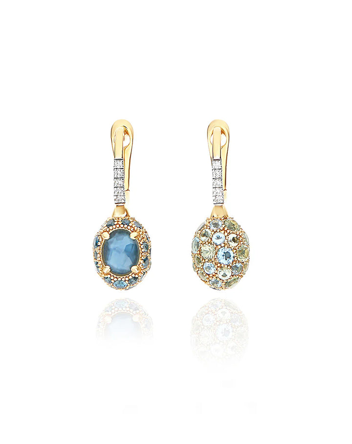 DOUBLE-SIDED “REVERSE BABY” CILIEGINE GOLD EARRINGS WITH BLUE DIAMONDS, SWISS LIGHT BLUE TOPAZ, GREEN SAPPHIRES AND LONDON BLUE TOPAZ