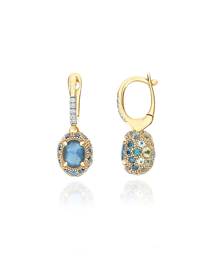 DOUBLE-SIDED “REVERSE BABY” CILIEGINE GOLD EARRINGS WITH BLUE DIAMONDS, SWISS LIGHT BLUE TOPAZ, GREEN SAPPHIRES AND LONDON BLUE TOPAZ