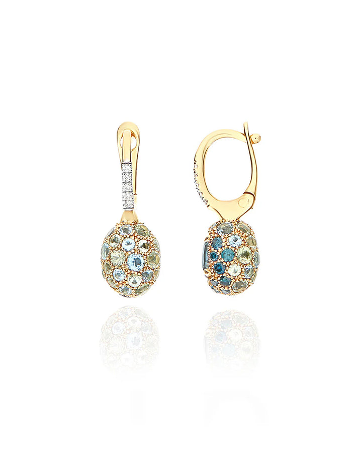 DOUBLE-SIDED “REVERSE BABY” CILIEGINE GOLD EARRINGS WITH BLUE DIAMONDS, SWISS LIGHT BLUE TOPAZ, GREEN SAPPHIRES AND LONDON BLUE TOPAZ