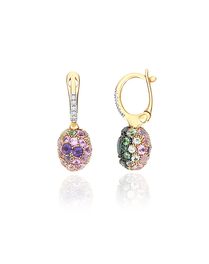 DOUBLE-SIDED “REVERSE BABY” CILIEGINE GOLD EARRINGS WITH DIAMONDS, TSAVORITE, AMETHYST, GREEN LABRADORITE AND ROCK CRYSTAL