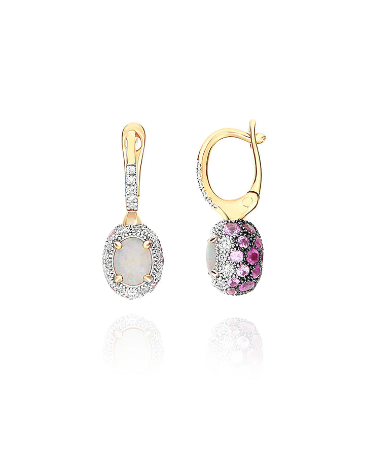 DOUBLE-SIDED “REVERSE BABY” CILIEGINE GOLD EARRINGS WITH AUSTRALIAN WHITE OPAL, PINK SAPPHIRES, RUBIES AND DIAMONDS