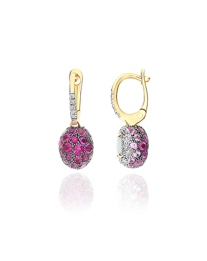 DOUBLE-SIDED “REVERSE BABY” CILIEGINE GOLD EARRINGS WITH AUSTRALIAN WHITE OPAL, PINK SAPPHIRES, RUBIES AND DIAMONDS