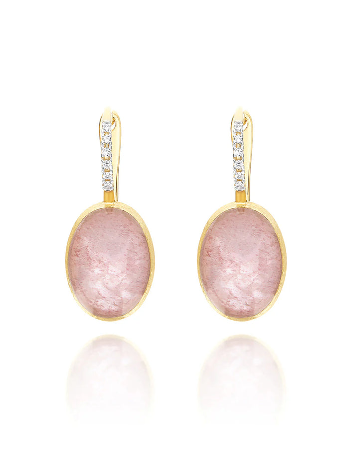 "BOULES" ROSOLIO CILIEGINE GOLD, ROCK CRYSTAL, STRAWBERRY QUARTZ, AND MOTHER-OF-PEARL BALL DROP EARRINGS WITH DIAMONDS DETAILS (MEDIUM)