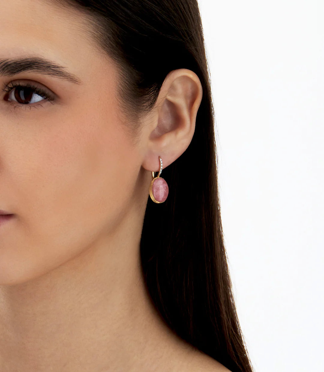 "BOULES" ROSOLIO CILIEGINE GOLD, ROCK CRYSTAL, STRAWBERRY QUARTZ, AND MOTHER-OF-PEARL BALL DROP EARRINGS WITH DIAMONDS DETAILS (MEDIUM)