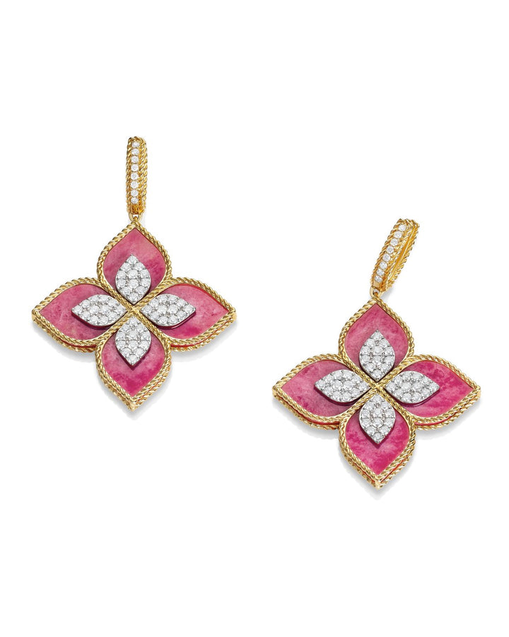 PRINCESS FLOWER EARRINGS WITH DIAMONDS AND RHODONITE
