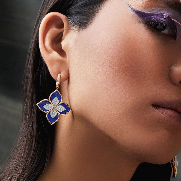 PRINCESS FLOWER EARRINGS WITH DIAMONDS AND LAPIS