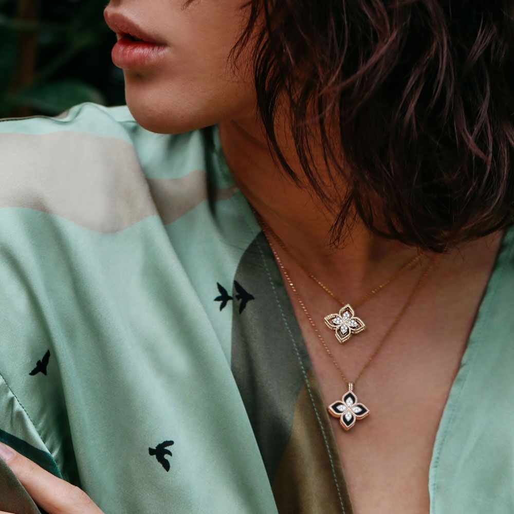 PRINCESS FLOWER PENDANT WITH DIAMONDS AND BLACK JADE